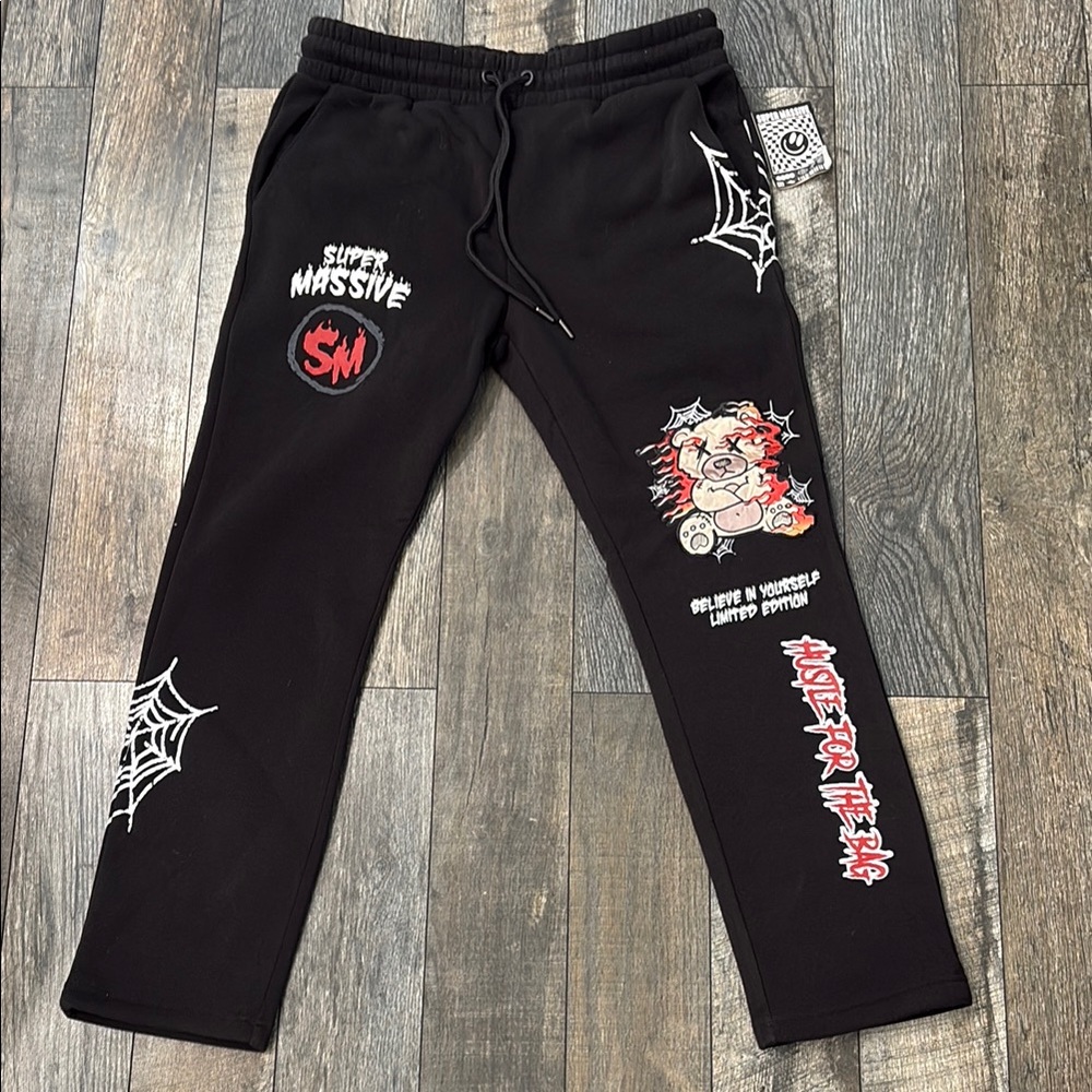 Black Graphic Jogger Sweatpants with Red Accent